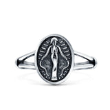 Miraculous Medal Ring Oxidized Band Solid 925 Sterling Silver Thumb Ring (13mm)