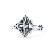 Filigree Swirl Petite Dainty Crucifix Religious Statement Oxidized Ring Band Solid 925 Sterling Silver Thumb Ring (12.6mm)