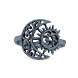 Filigree Crescent Moon & Sun Ring Oxidized 925 Sterling Silver (14.6mm)