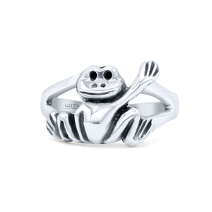 Dainty Smiling Frog Petite Filigree Animal Custom Oxidized Band Solid 925 Sterling Silver Thumb Ring (12.1mm)