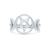 Iconic Half Moon And Star Goddess Triple Pentacle Design Pentagram Trending Oxidized Band Thumb Ring (12.5mm)