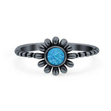 Flower Style Petite Dainty Round Lab Opal Ring Solid Oxidized 925 Sterling Silver (9mm)