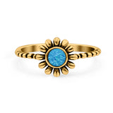 Flower Style Petite Dainty Round Lab Opal Ring Solid Oxidized 925 Sterling Silver (9mm)