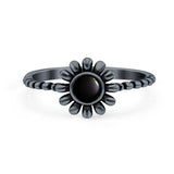 Flower Style Petite Dainty Round Lab Opal Ring Solid Oxidized 925 Sterling Silver (9mm)