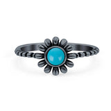 Flower Style Petite Dainty Round Lab Opal Ring Solid Oxidized 925 Sterling Silver (9mm)