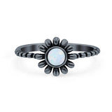 Flower Style Petite Dainty Round Lab Opal Ring Solid Oxidized 925 Sterling Silver (9mm)