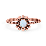 Flower Style Petite Dainty Round Lab Opal Ring Solid Oxidized 925 Sterling Silver (9mm)