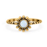 Flower Style Petite Dainty Round Lab Opal Ring Solid Oxidized 925 Sterling Silver (9mm)