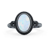 Petite Dainty Vintage Style Lab Opal Ring Solid Oval Oxidized 925 Sterling Silver