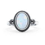 Petite Dainty Vintage Style Lab Opal Ring Solid Oval Oxidized 925 Sterling Silver