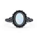 Vintage Style Petite Dainty Lab Opal Ring Solid Oval Oxidized 925 Sterling Silver