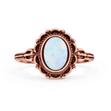 Vintage Style Petite Dainty Lab Opal Ring Solid Oval Oxidized 925 Sterling Silver