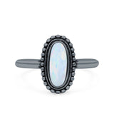 Vintage Style Oval Lab Opal Ring Solid Oxidized 925 Sterling Silver (13mm)