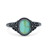 Vintage Style Oval Lab Opal Petite Dainty Ring Solid Oxidized 925 Sterling Silver