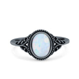 Vintage Style Oval Lab Opal Petite Dainty Ring Solid Oxidized 925 Sterling Silver