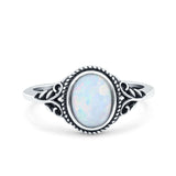 Vintage Style Oval Lab Opal Petite Dainty Ring Solid Oxidized 925 Sterling Silver