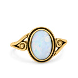 Petite Dainty Oval Lab Opal Vintage Style Ring Oxidized Solid 925 Sterling Silver 925 Sterling Silver