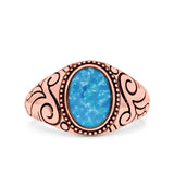 Petite Dainty Vintage Style Lab Opal Ring Solid Oval Oxidized 925 Sterling Silver