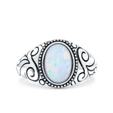 Petite Dainty Vintage Style Lab Opal Ring Solid Oval Oxidized 925 Sterling Silver