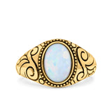 Petite Dainty Vintage Style Lab Opal Ring Solid Oval Oxidized 925 Sterling Silver