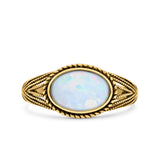 Vintage Style Petite Dainty Lab Opal Ring Solid Oval Oxidized 925 Sterling Silver