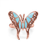 Solitaire Butterfly Ring Band Oxidized Simulated Turquoise CZ 925 Sterling Silver