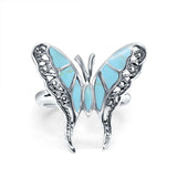 Solitaire Butterfly Ring Band Oxidized Simulated Turquoise CZ 925 Sterling Silver