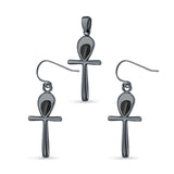Cross Jewelry Matching Set Pendant Earring Round Simulated Black Onyx 925 Sterling Silver