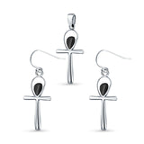 Cross Jewelry Matching Set Pendant Earring Round Simulated Black Onyx 925 Sterling Silver