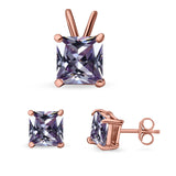 Princess Cut Jewelry Matching Set Pendant Earring Simulated Cubic Zirconia 925 Sterling Silver