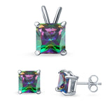 Princess Cut Jewelry Matching Set Pendant Earring Simulated Cubic Zirconia 925 Sterling Silver