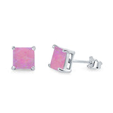 Halo Stud Earrings Princess Cut Lab Created Opal 925 Sterling Silver 7mm