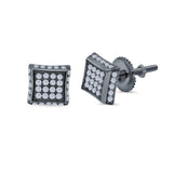 Square Hip Hop Stud Earrings Screwback Round Simulated CZ 925 Sterling Silver