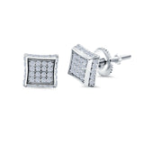 Square Hip Hop Stud Earrings Screwback Round Simulated CZ 925 Sterling Silver