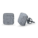 Square 3D Hip Hop Earrings Iced Out Simulated CZ Stud Screwback 925 Sterling Silver