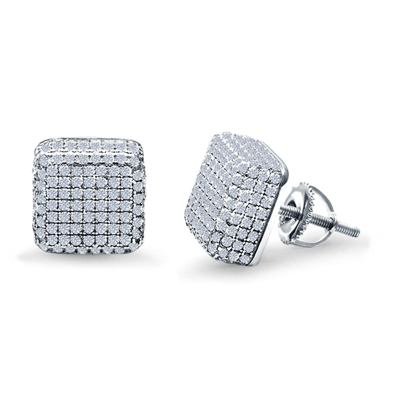 Square 3D Hip Hop Earrings Iced Out Simulated CZ Stud Screwback 925 Sterling Silver