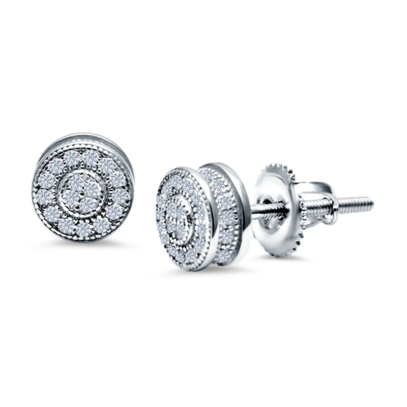 Round Design Simulated CZ Stud Earrings Screw Back 925 Sterling Silver 6mm