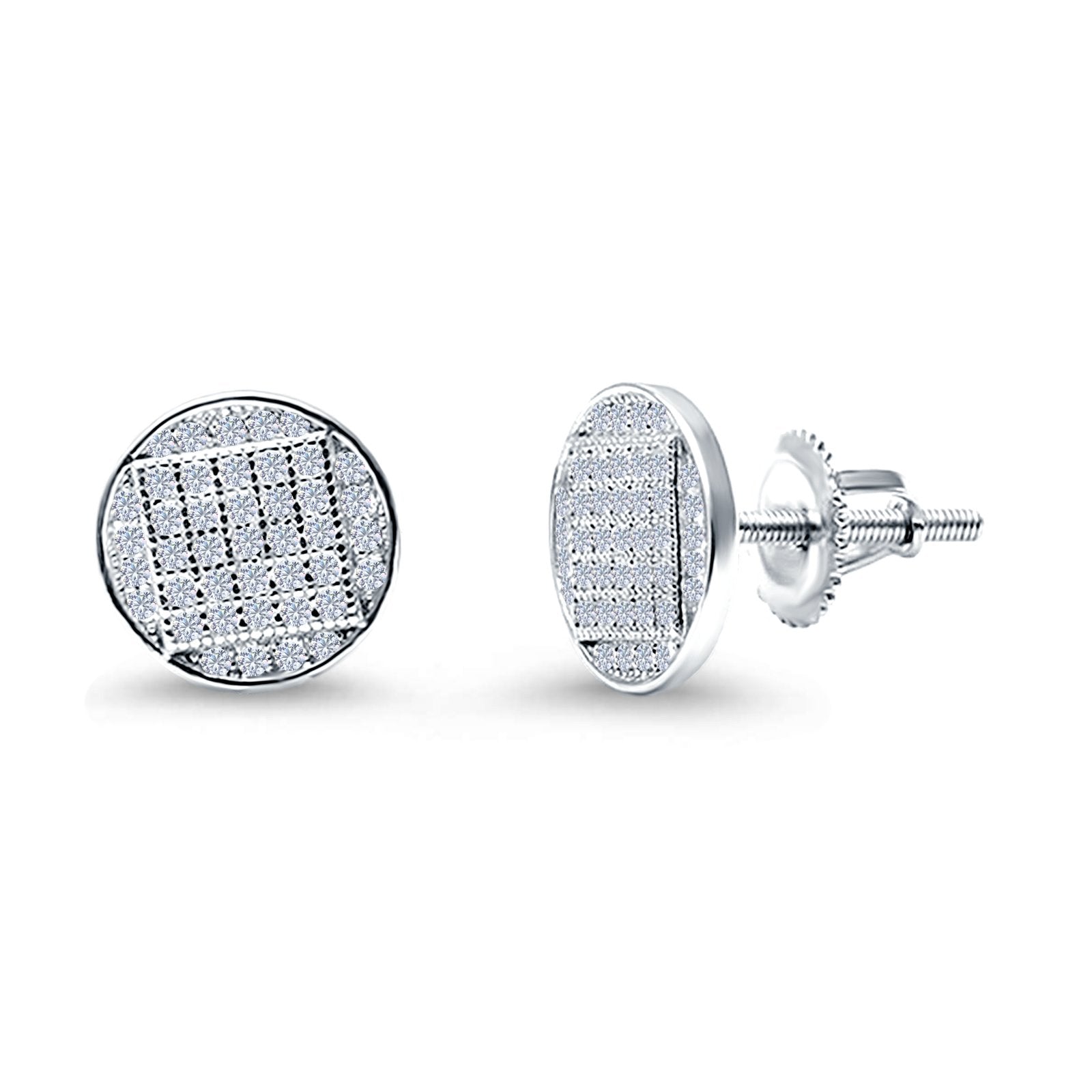 Hip Hop Round Stud Earrings Simulated CZ Screw Back 925 Sterling Silver
