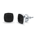 Square Cushion Shape Simulated CZ Stud Earrings Screw-Back Round Pave 925 Sterling Silver