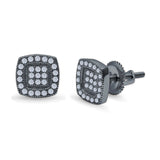 Square Cushion Shape Simulated CZ Stud Earrings Screw-Back Round Pave 925 Sterling Silver