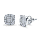 Square Cushion Shape Simulated CZ Stud Earrings Screw-Back Round Pave 925 Sterling Silver