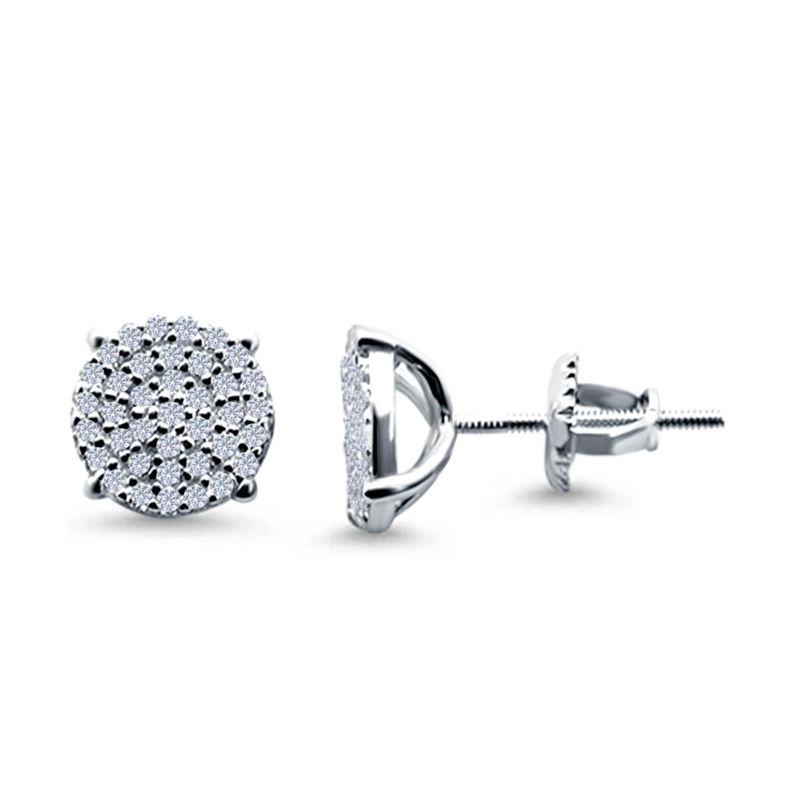 Hip Hop Stud Earrings Screwback Round Simulated CZ 925 Sterling Silver (10mm)