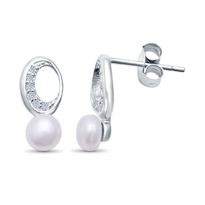 Circle Pearl Stud Earrings Simulated CZ 925 Sterling Silver
