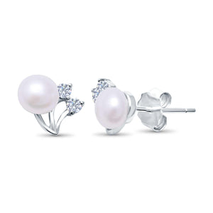 Elegant Pearl Stud Earrings Simulated CZ 925 Sterling Silver