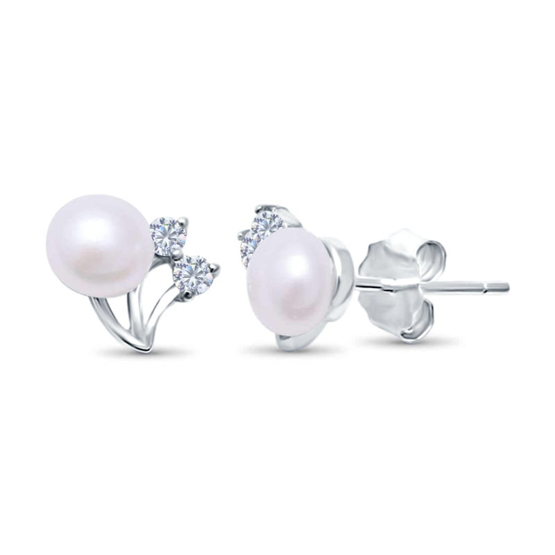 Elegant Pearl Stud Earrings Simulated CZ 925 Sterling Silver