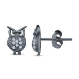 Lucky Owl Stud Earrings Round Pave Simulated CZ 925 Sterling Silver