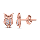 Lucky Owl Stud Earrings Round Pave Simulated CZ 925 Sterling Silver