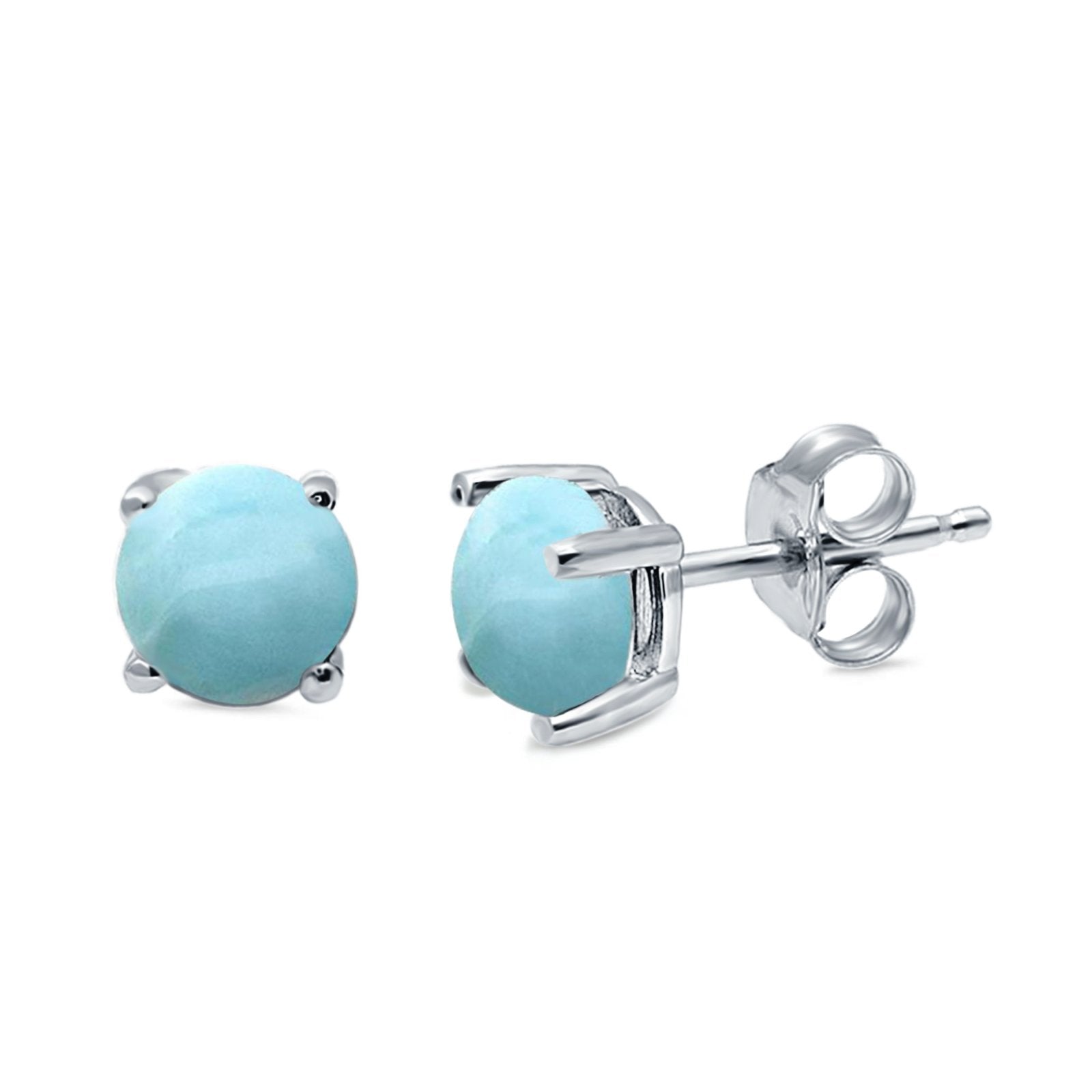 Round Natural Larimar CZ Stud Earrings 925 Sterling Silver 3MM-10MM