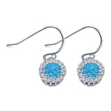 Halo Dangle Fish-Hook Earrings Lab Opal Round 925 Sterling Silver (21mm)