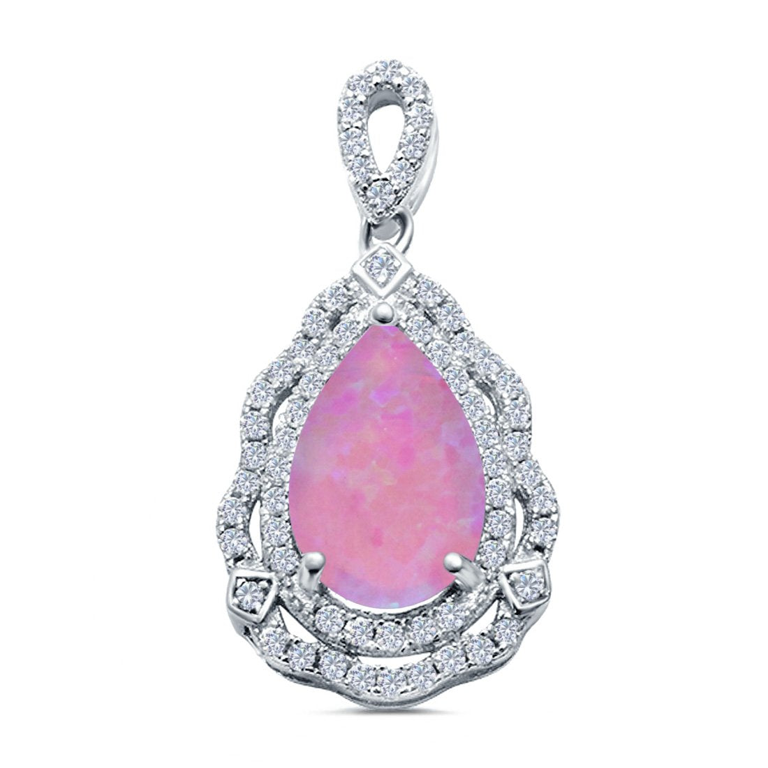 Pear Shape Lab Created Opal & Cubic Zirconia 925 Sterling Silver Charm Pendant
